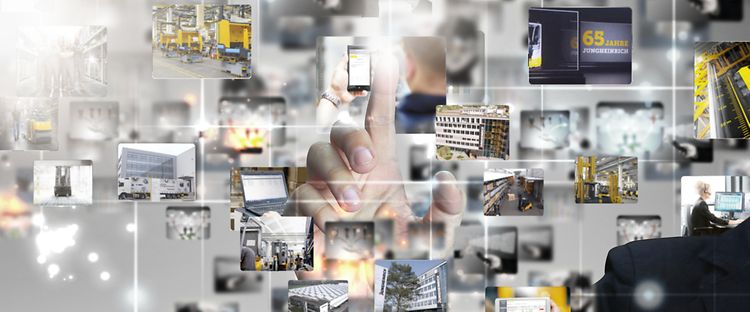 Geschäftsmann berührt mit Finger Kommunikationsbuttons_[MAM-49822]