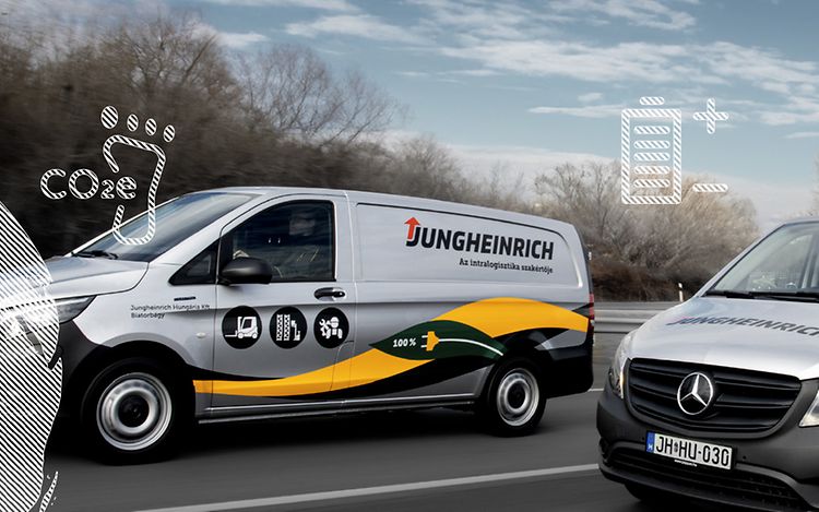 Jungheinrich Service-Fahrzeuge mit Elektroantrieb. Grafische Elemente als Zusatzebene: Weltkugel, CO2e-Fußabdruck, Batterie.