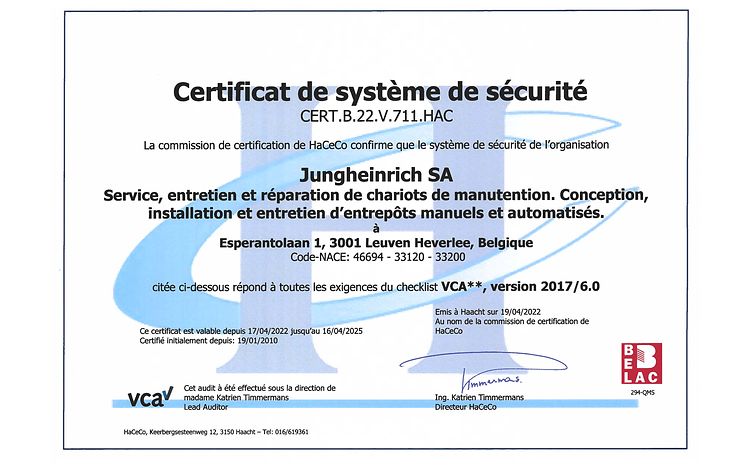 Certificat VCA Jungheinrich Belgique