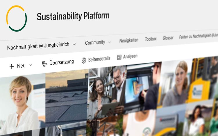 Ansicht der Startseite der internen Online-Nachhaltigkeits-Plattform mit den Menüpunkten und einem Multipicture als Headerbild. 