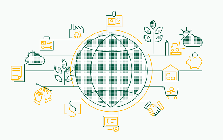 Grün-gelbe Grafik, mit einem Globus in der Mitte, um den herum verschiedene Nachhaltigkeits-Symbole angeordnet sind. 