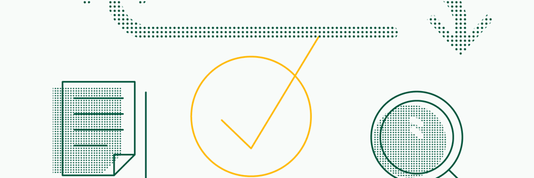 Gelb-grüne Grafik zum Thema Compliance mit einem Checklistensymbol, Dialog darstellenden Pfeilen, einer Lupe und Dokumenten.