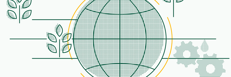 Grafik zum Thema Nachhaltigkeit mit einer geschützten Weltkugel, Entwicklungslinien, Zahnrädern und Pflanzensymbolen.