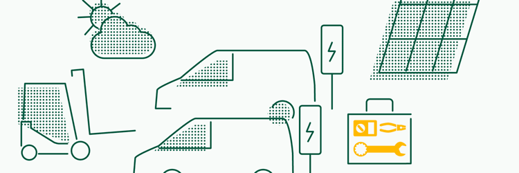 Yellow/green graphic depicting customer service, featuring a forklift, toolbox, vehicles at e-charging stations, solar panels. 