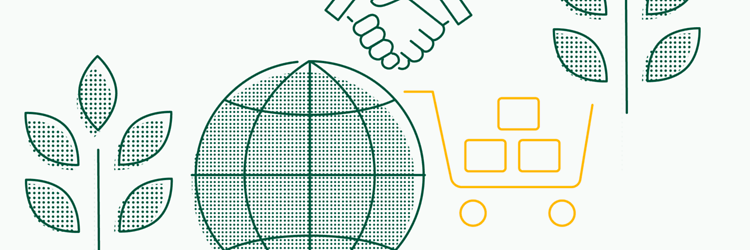 Yellow/green graphic depicting purchasing, featuring symbols representing a globe, handshake, shopping trolley and plants. 