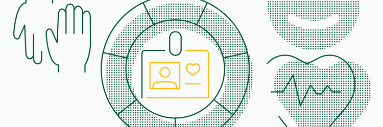 Yellow/green graphic depicting human resources, featuring a smiley, hands, heart with heartbeat line, and an employee ID card. 