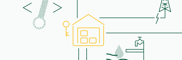 Yellow/green graphic depicting facility management, featuring symbols of a building, tools, electricity and water supply. 