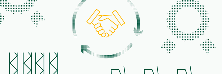 Yellow/green graphic depicting distribution, featuring a circular symbol, handshake, warehouse, forklift and award symbol. 