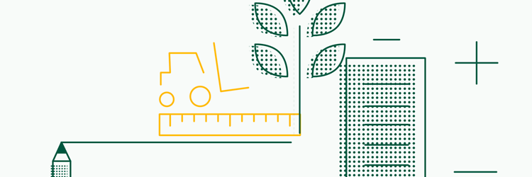 Yellow/green graphic depicting development, featuring a pen and ruler, a forklift and a green battery.