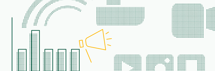 Yellow/green graphic depicting marketing/communication, featuring a camera and symbols for important information distribution. 
