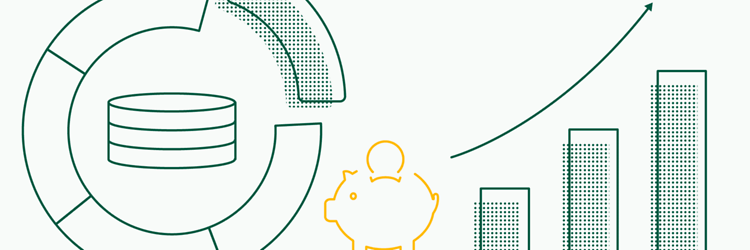 Yellow/green graphic depicting finance, featuring a piggy bank, an upwards bar chart and a pie chart. 