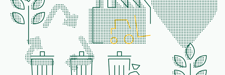 Yellow/green graphic depicting manufacturing/production, featuring recycling symbols, a factory, and a forklift in the front. 