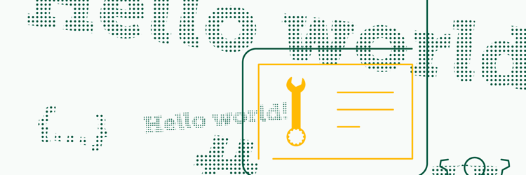 Yellow/green graphic depicting IT, featuring the phrase “Hello World” and a computer screen with a tool symbol. 