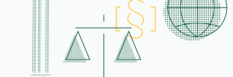 Yellow/green graphic depicting Legal, featuring symbols representing a section sign, balanced scale, globe and pillar. 