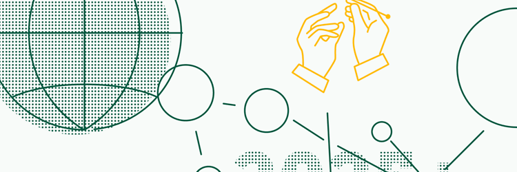 Yellow/green graphic depicting management, featuring a globe, presenting hands, symbols for connection and strategy. 