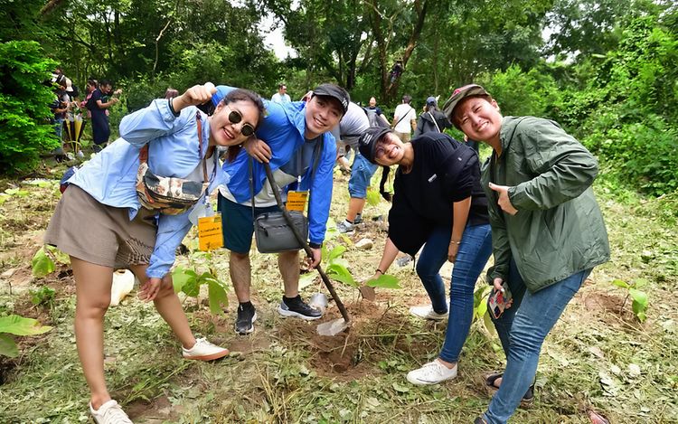 Four Jungheinrich Thailand employees plant a tree in the rainforest and look smiling into the camera. 