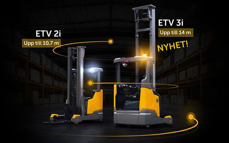 Jungheinrich skjutstativtruckar ETV 2i och ETV 3i på en svart bakgrund.