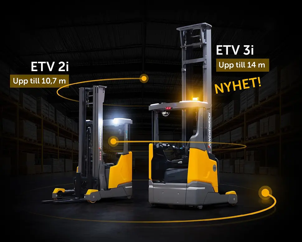 Jungheinrich skjutstativtruckar ETV 2i och ETV 3i på en svart bakgrund.