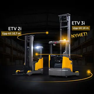 Jungheinrich skjutstativtruckar ETV 2i och ETV 3i på en svart bakgrund.