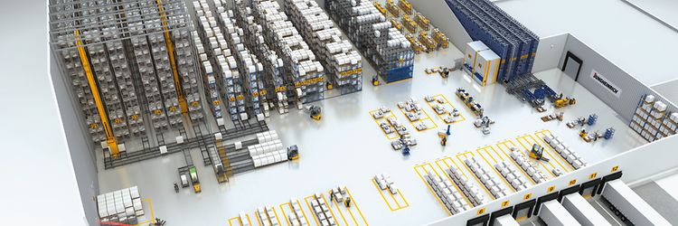 Höglager illustration med truckar och ställage från Jungheinrich