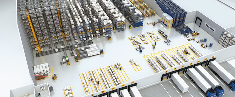 höglager och lagerlogistik i illustration med Jungheinrich produkter