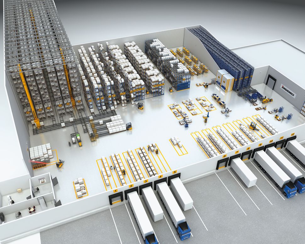 höglager och lagerlogistik i illustration med Jungheinrich produkter