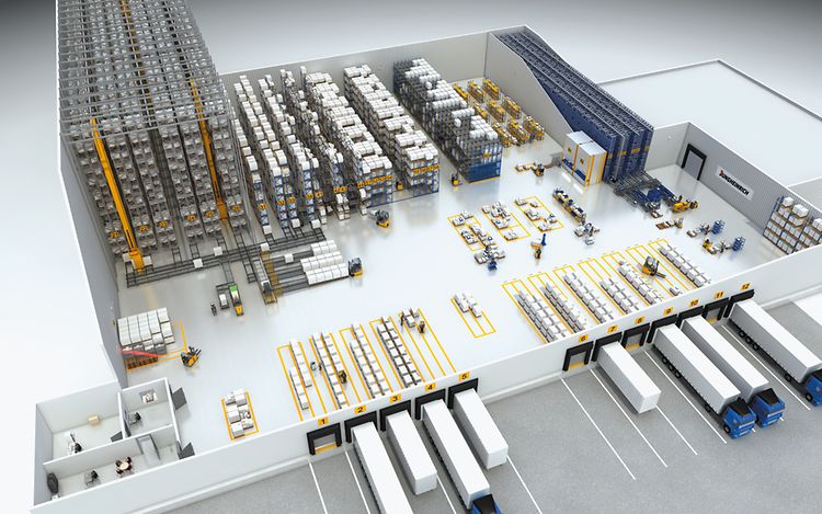 Højlager og lagerlogistik i illustration med Jungheinrich produkter
