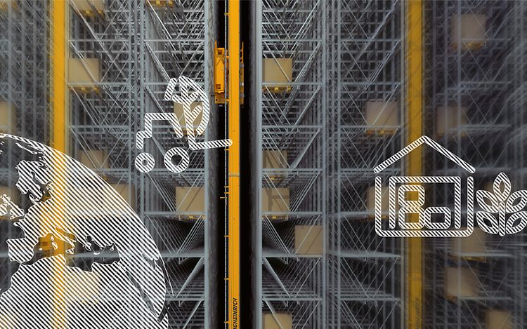 High-bay warehouse. Graphic elements: globe, forklift and warehouse with sustainability symbols.