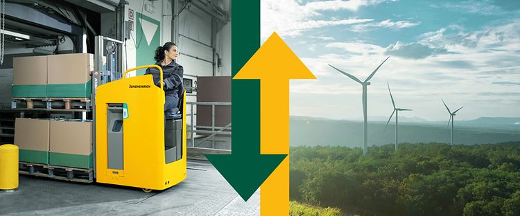 Bild som symboliserar hållbarhet. Kvinna som kör en truck till vänster och vindkraftverk till höger, med pilar i mitten.