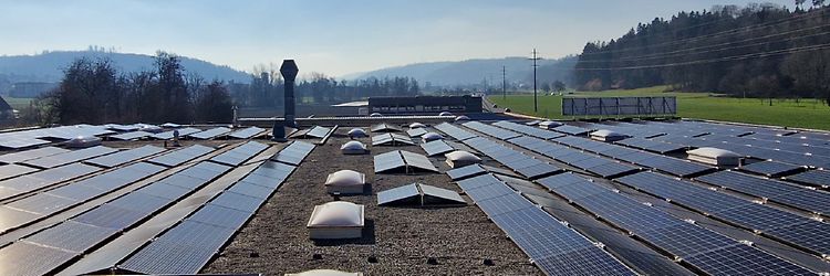 Photo of a large solar plant on the roof of the Swiss Jungheinrich sales unit.