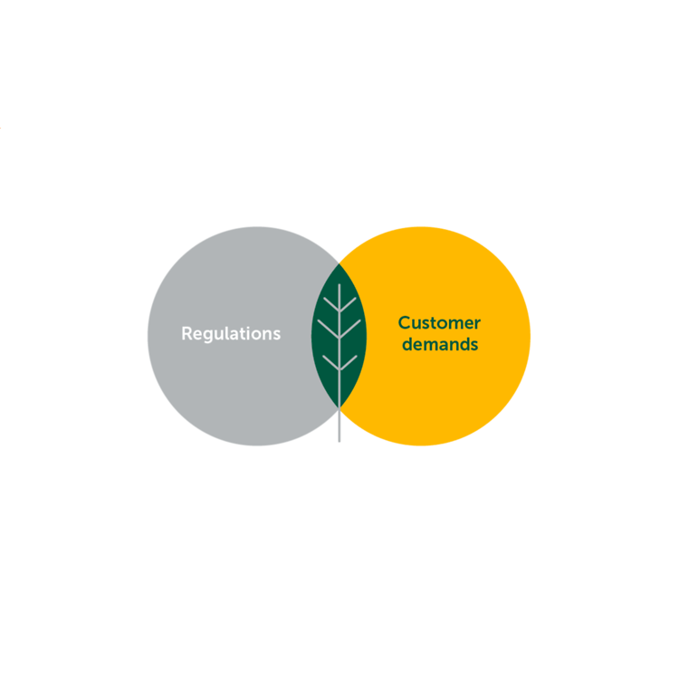 Graphic with two circles: ‘Regulations’ in grey and ‘Customer demands’ in yellow. Their intersection forms a green leaf.