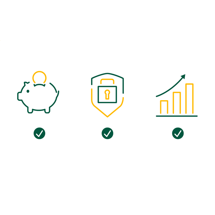 Green-yellow graphic on the economic opportunities of climate protection with piggy bank, security lock and growth curve.