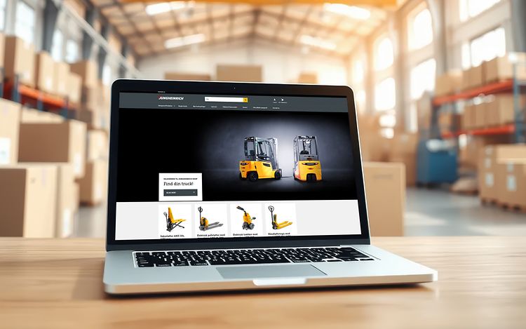 Bærbar computer med screenshot af Jungheinrichs webshop står på en bænk på et lager.