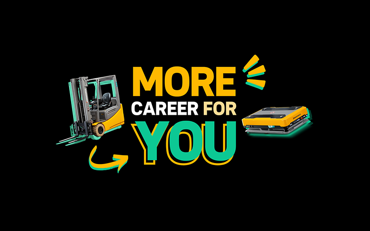 The slogan ‘More career for you’ appears on a black background. There is a vehicle on either side of it.