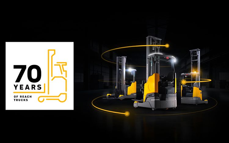 On the right-hand side, three yellow reach trucks can be seen. On the left is the inscription ‘70 Years of Reach Trucks’