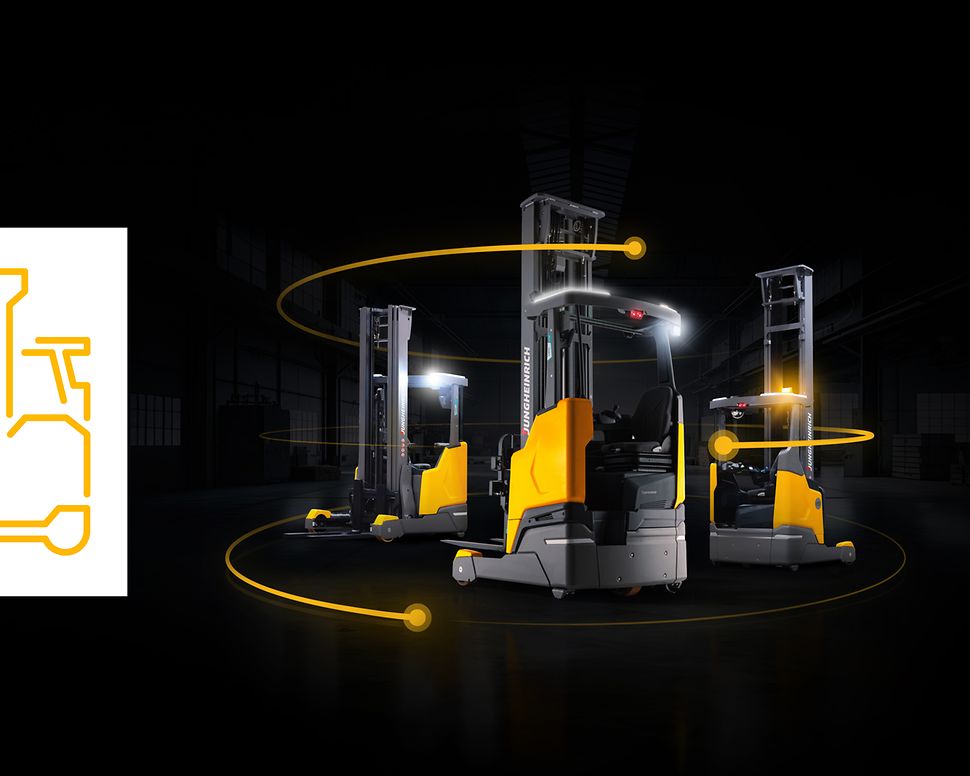 On the right-hand side, three yellow reach trucks can be seen. On the left is the inscription ‘70 Years of Reach Trucks’