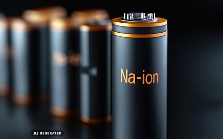 The image shows several batteries labelled ‘Na-ion’. This image was generated by AI.
