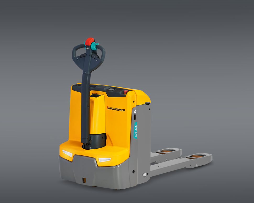 Gul Jungheinrich låglyftare/ledtruck för bredvidgående förare EJE 114/116/118/120