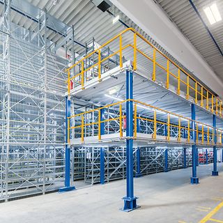 Logistiklösning med entresol från Jungheinrich till kunden Birner.